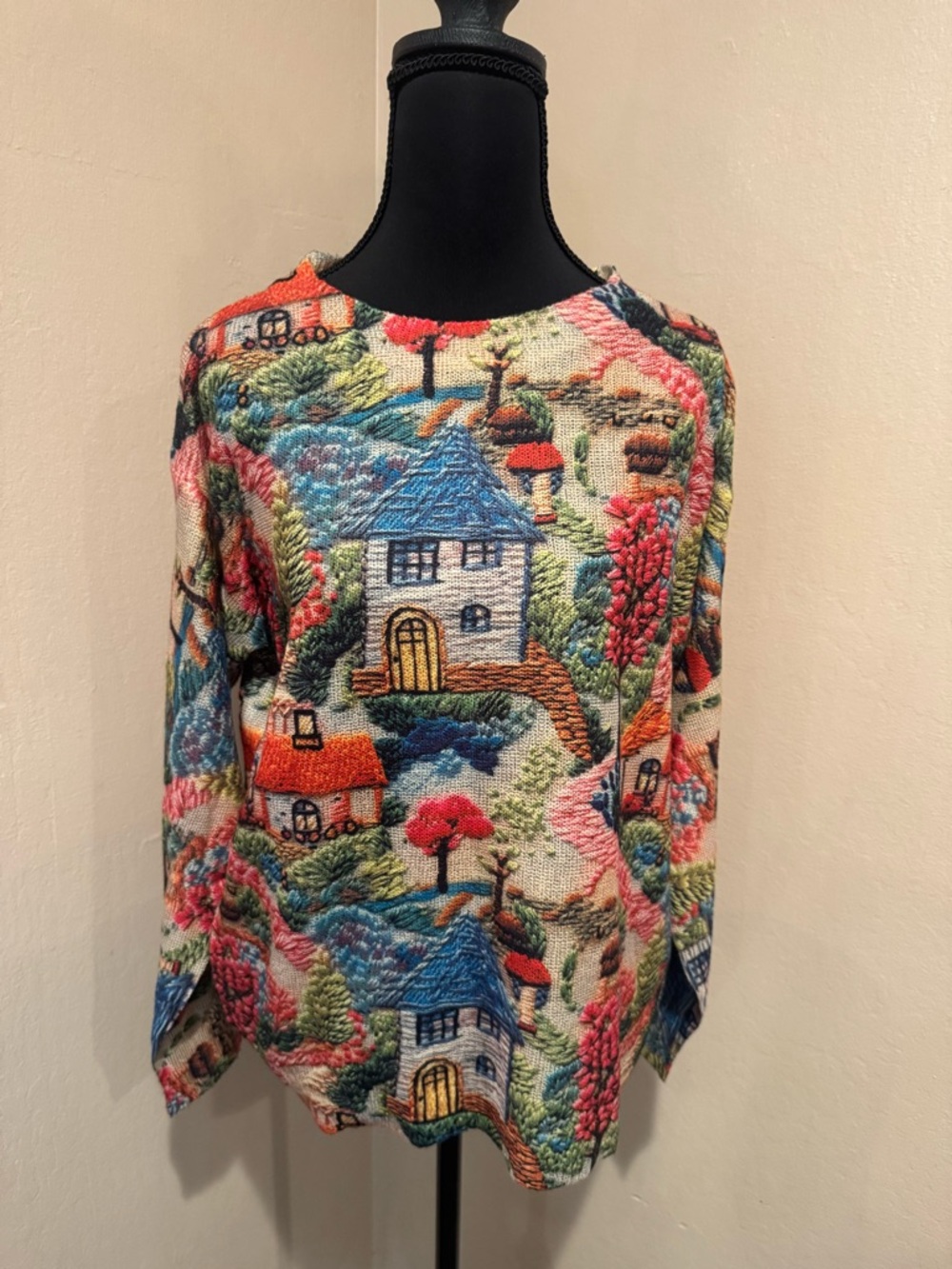 Vibrant Colorful Scenic Village Tapestry Knit Sweater Cottagecore Vibes